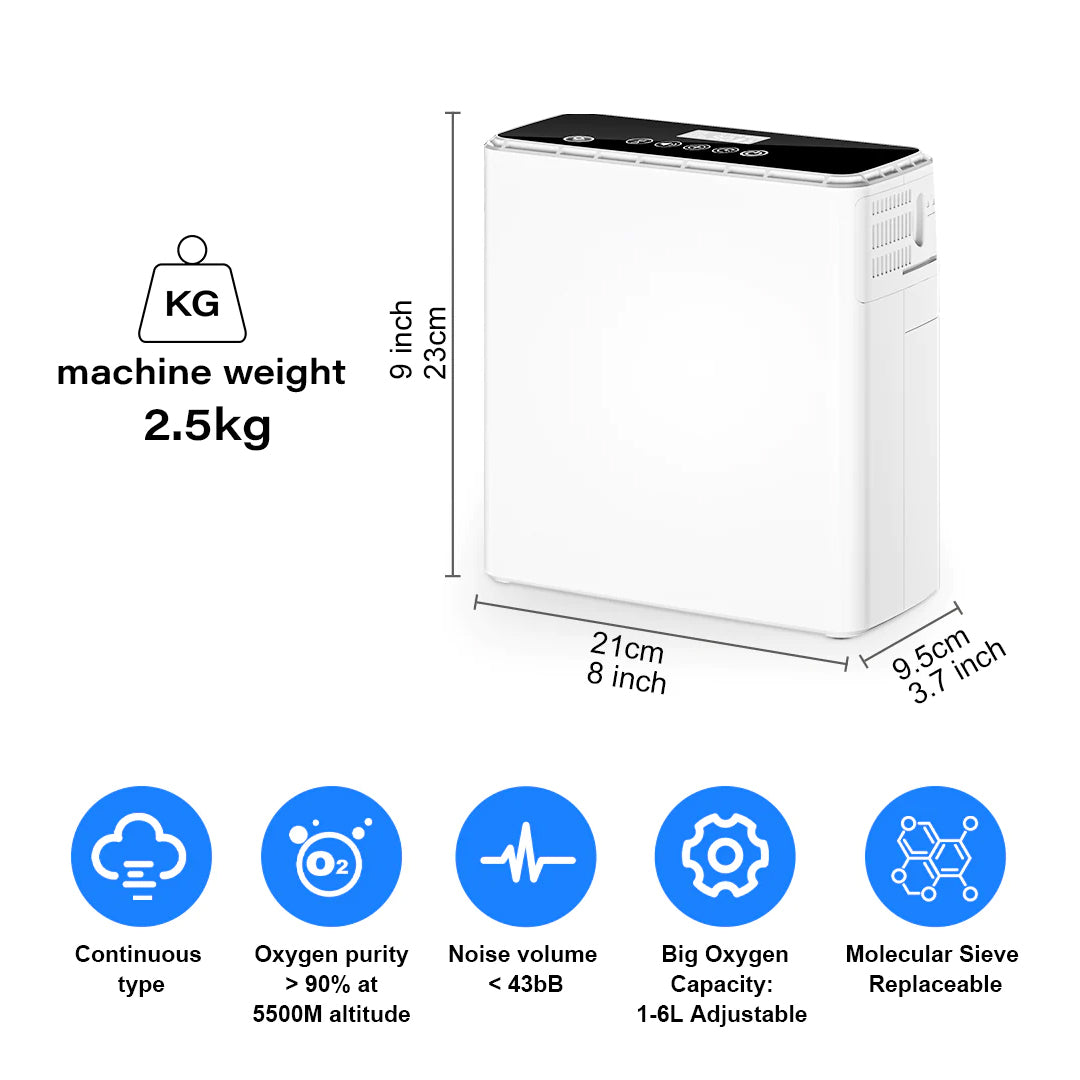 1L- 6L Portable Continuous Flow Lightweight Mini Oxygen Concentrator With 4 Hours Battery and Free Carry Bag